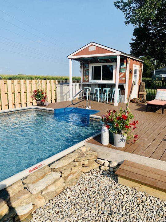 Hydrosphere Rectangle 6″ 14×28: semi-inground with a wood deck