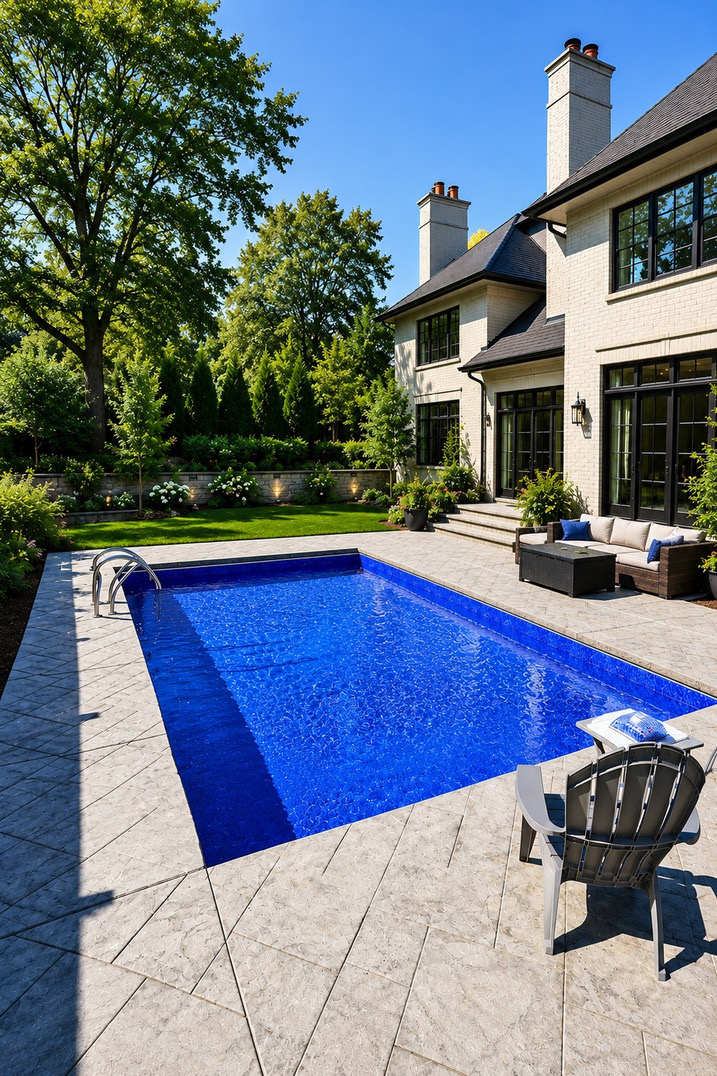 A DB Trimax inground pool with a paver deck and a ladder