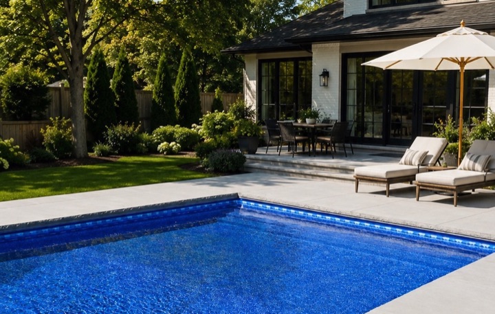 A DB Trimax inground pool with a concrete patio and lounge chairs
